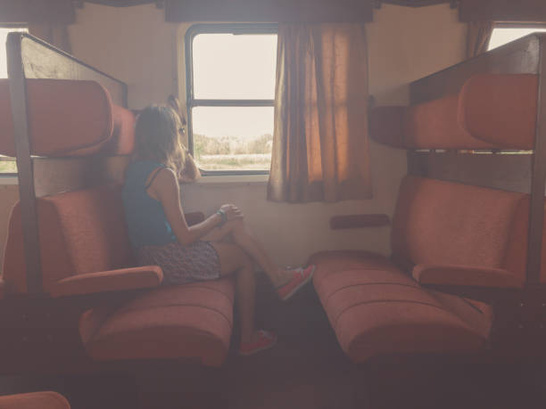 Girl travelling with a retro / vintage train.