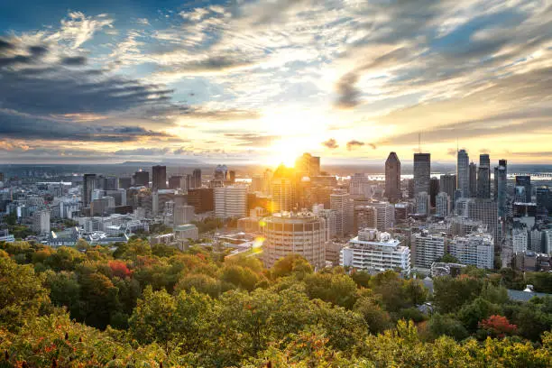 Montreal skyline early in the morning from Mont Royal park, Canada