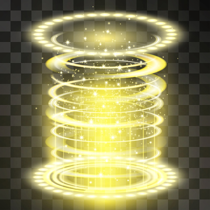 Futuristic neon golden light portal, laser stream cylinder shape light with glowing swirls and sparkles on transparent background. Magical glittering illumination. Science fiction pulsing flow.