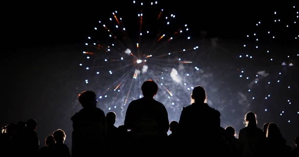 Crowd watching fireworks and celebrating new year eve