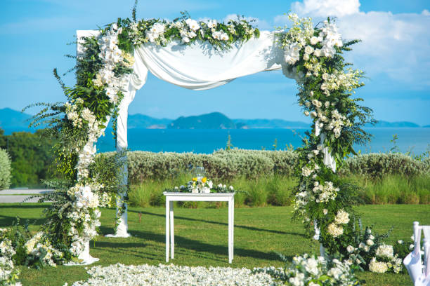 istock Romantic wedding ceremony on the lawn Sea view. 1069506868