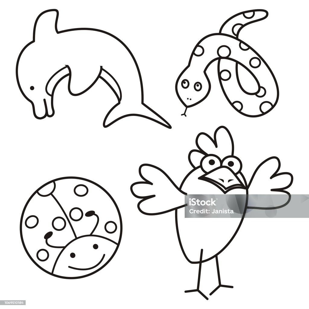 Set of four animals, dolphin, snake, ladybug and bird Set of four animals, dolphin, snake, ladybug and bird, vector icon. Black and white illustration, coloring book for children. Animal stock vector