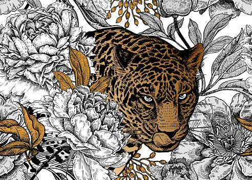 Leopard and peonies. Seamless floral pattern with animals and garden flowers. Modern decor Beast style. Vector illustration. Template for paper, textile, wallpaper. Black, white and gold foil.