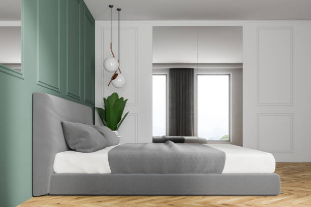 istock Green and white bederoom interior, mirror 1069514254