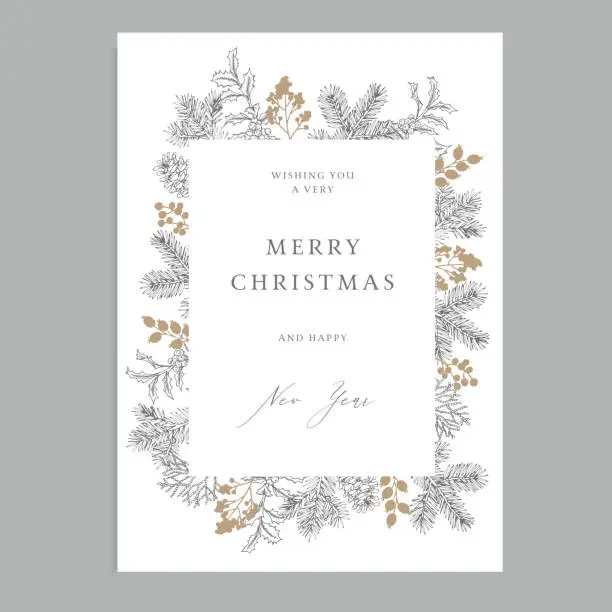 Vector illustration of Merry Christmas, Happy New Year vintage floral greeting card, invitation. Holiday frame with evergreen fir tree branches, pine cones and holly berries. Elegant engraving illustration, winter design.