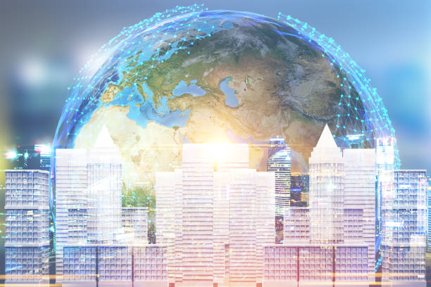 istock Polygonal Earth and cityscape 1069514526