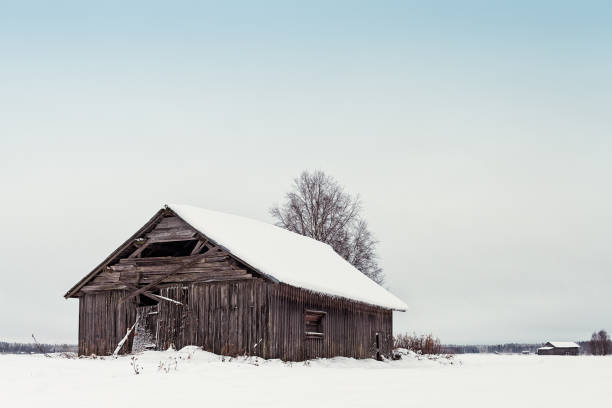 istock Old Barn Houses On The Snowy Fields 1069516224