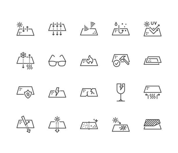 brille eigenschaften flache linie symbole festgelegt. glas-funktionen - hitze, uv-schutz, blendschutz, transparenz, reflexion, fragile vektor-illustrationen. dünne verpackungsschilder. pixel perfect 64 x 64. editierbare striche - kitchen utensil audio stock-grafiken, -clipart, -cartoons und -symbole