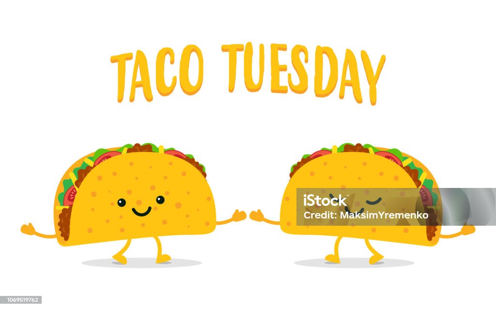 Taco Tuesday. Two funny tacos Taco Tuesday. Two funny tacos. Taco mexican food. Vector illustration Taco stock vector