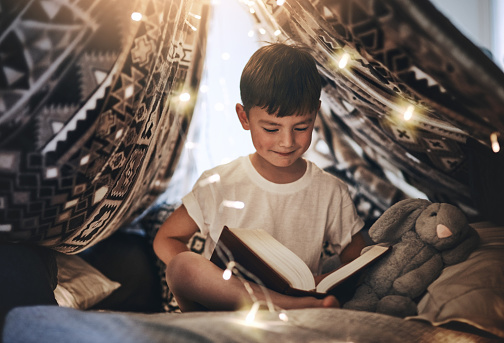 Cropped shot of an adorable young boy reading a storybook while sitting in his blanket fort
