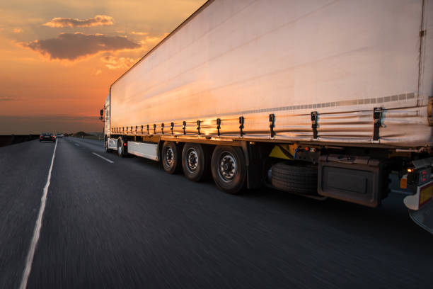 istock Truck with container on road, cargo transportation concept. 1069528000