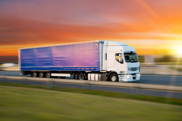istock Truck with container on road, cargo transportation concept. 1069528068