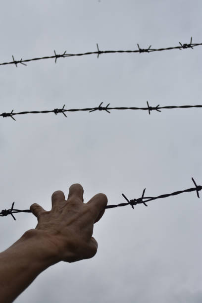 istock Hand on wire of prison and sky background 1069532692