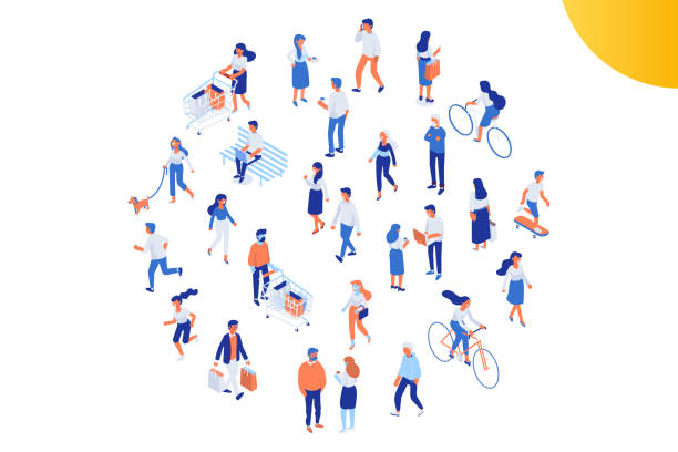 ilustrações de stock, clip art, desenhos animados e ícones de different isomeric people vector set isolated on white. - walk cycle