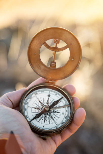 istock A first-person view of a man's hand with retro compass. 1069537988