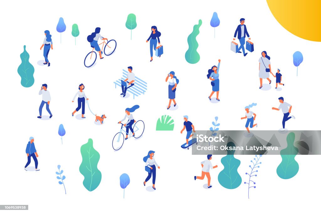 Male and female have outdoor activity in park. Different isomeric people vector set isolated on white.  Walking with dog, riding bicycle and skateboard, sitting on bench in park. People stock vector