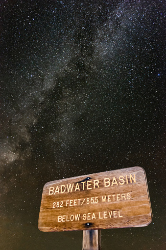 Badwater basin wood sign at night with the milkyway in the foreground. Death Valley, California. USA