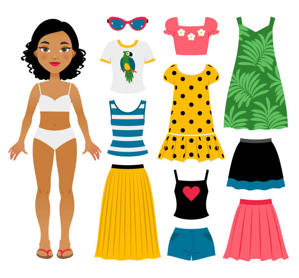 ilustraciones, imágenes clip art, dibujos animados e iconos de stock de conjunto de ropa de verano niña - t shirt shirt clothing garment