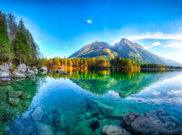 Fantastic autumn sunset of Hintersee lake. Beautiful scene of trees near turquoise water of Hintersee lake. Location: resort Ramsau, National park Berchtesgadener Land, Upper Bavaria, Germany Alps, Europe