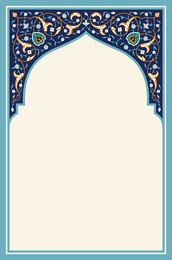 Arabic Floral Arch. Traditional Islamic Design. Mosque decoration element. Elegance Background with Text input area in a center.