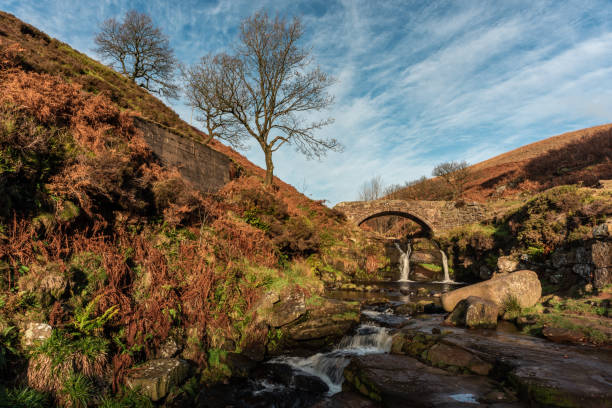 A waterfall and stone packhorse bridge at Three Shires Head.