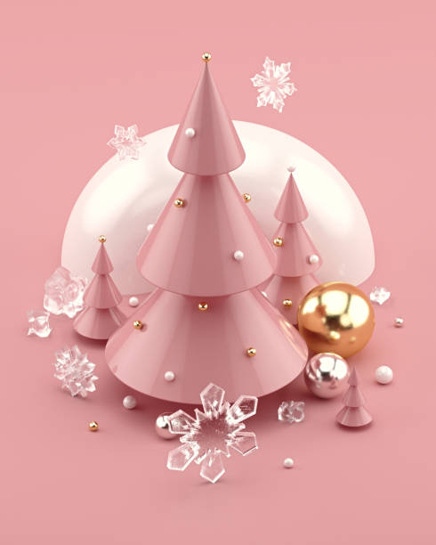 istock Rose Gold 3D illustration with decorated Christmas trees and snowflakes 1069542402