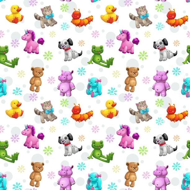 ilustrações de stock, clip art, desenhos animados e ícones de seamless pattern with funny textile stuffed toys. - fluffy bear cute friendship