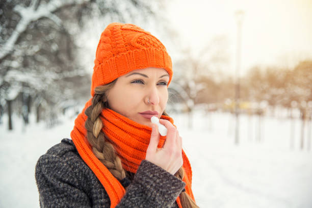 Winter mood without chapped lips stock photo
