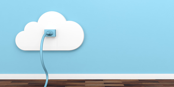 Cloud computing network socket. Plug and socket on blue wall background. 3d illustration