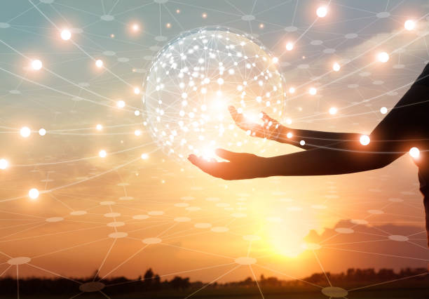 istock Abstract science, circle global network connection communication in hands on sunset background, technology and innovation. 1069549322