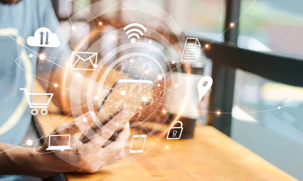 istock Abstract digital marketing. Man using mobile global network connection and icon customer on screen. Social media, Networking and business technology 1069554654