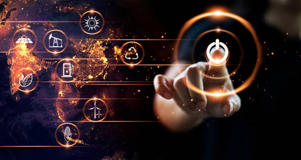 istock Finger pressing power button with energy resources icon on earth at night background. Earth day. Environment and conservation. Energy saving concept. Elements of this image furnished by NASA 1069554672