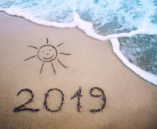 istock Year 2019 written at the caribbean sand beach with sea wave . 1069559214