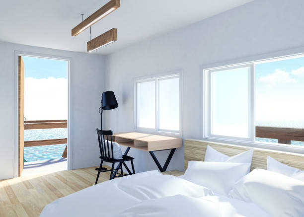 istock White modern room interior with terrace and sea view in villa resort, 3D Rendering 1069562030