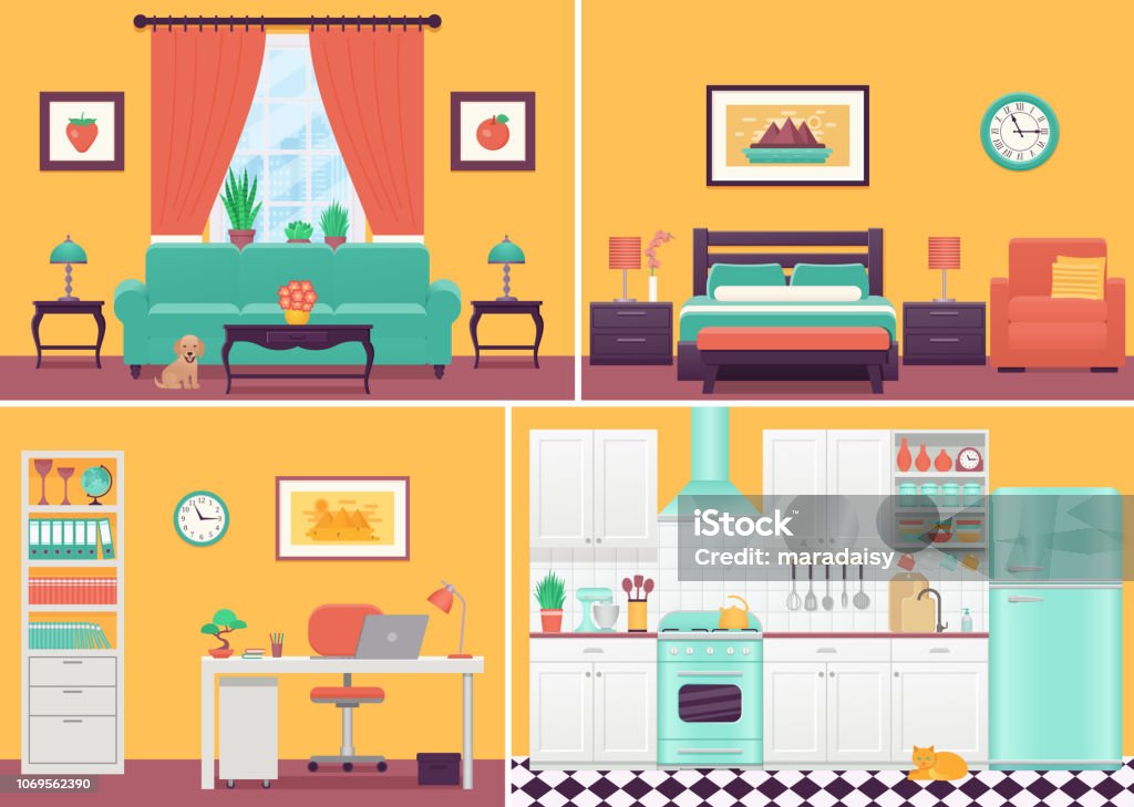 Room Interiors Vector Illustration In Flat Design Cartoon House Stock  Illustration - Download Image Now - iStock