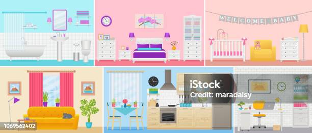 Room Interiors Vector Illustration In Flat Design Cartoon House Stock  Illustration - Download Image Now - iStock
