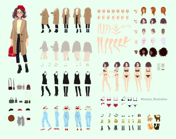 Vector illustration of Animate character. Young lady personage constructor. Different woman postures, hairstyle, face, legs, hands, clothes, accessories collection. Vector cartoon person.