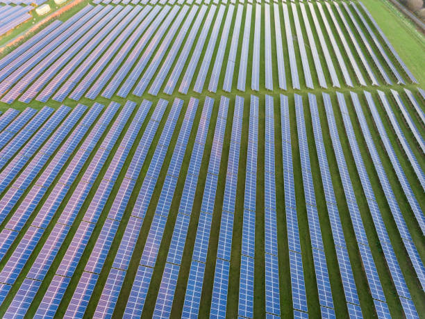 istock Aerial drone view of solar panels at Sunset 1069564372