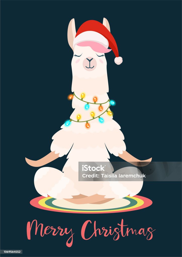 Christmas yoga llama meditates. Vector illustration. Funny festive greeting card. Christmas stock vector