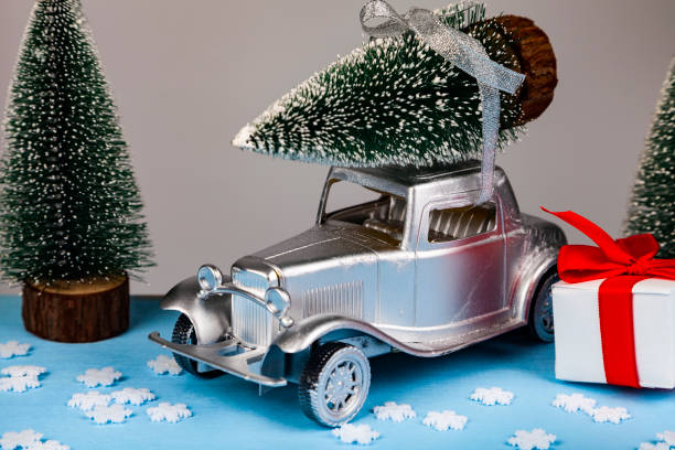 istock Silver retro car with a tree on the roof. 1069565330
