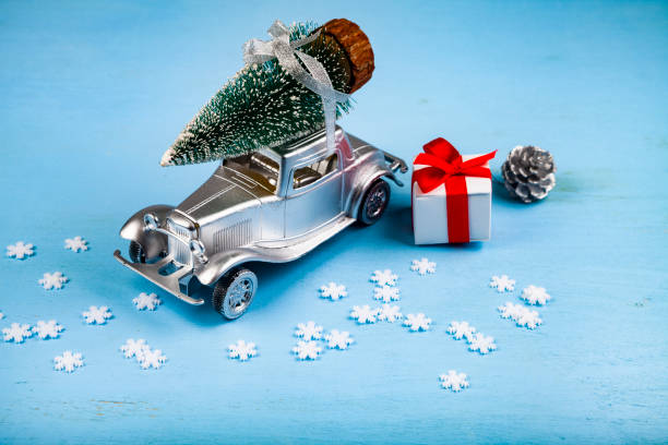 istock Silver retro car with a tree on the roof. 1069566190