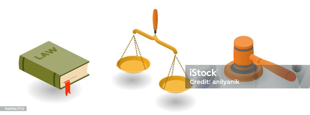 justice isometric justice symbols Law stock vector
