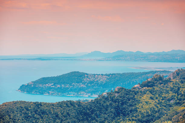 panoramic view from the mountain on the mont boron, nice, cote d'azur, france, europe. france riviera in the evening. - nice looking imagens e fotografias de stock