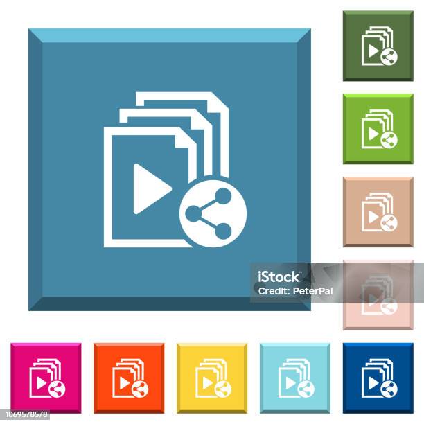 Share Playlist White Icons On Edged Square Buttons Stock Illustration - Download Image Now - Chain - Object, Colors, Communication