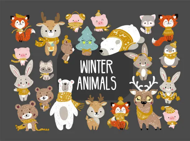 Vector illustration of Set of cute cartoon character illustration for christmas and new year celebration. Winter woodland animals in a scarf snd hat. Vector set.