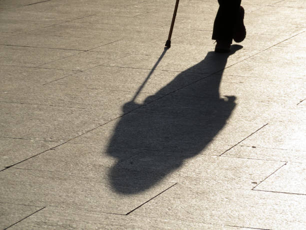 istock Person walking with a cane, black silhouette and long shadow on pavement 1069585254