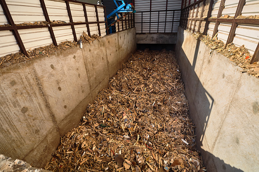 On modern plant for recycling and mechanical waste sorting pile of chips on conveyor belt after shredder grinding moved for further processing or environmentally friendly heating.