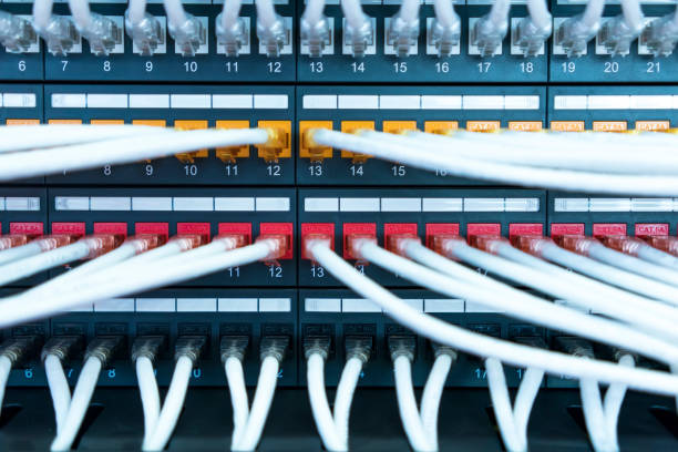 istock Ethernet interface ports of network equipment and cables 1069597070