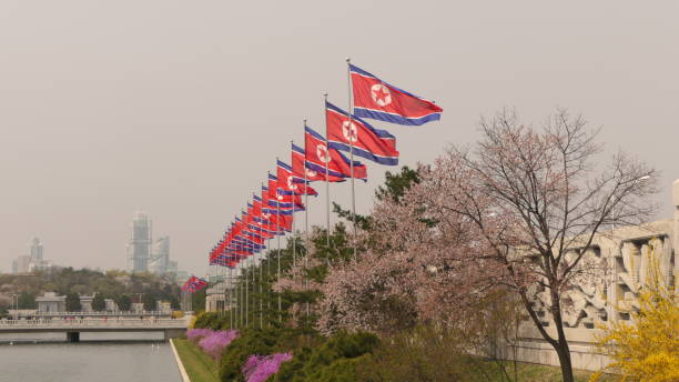 The North Korean flags on flagpoles, in Pyongyang, Democratic People's Republic of Korea Photo taken in Pyongyang, Democratic People's Republic of Korea north stock pictures, royalty-free photos & images