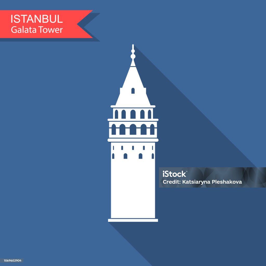 Symbool van Istanbul en Turkije. Galata Tower vector platte pictogram met lange schaduw - Royalty-free Galata-toren vectorkunst